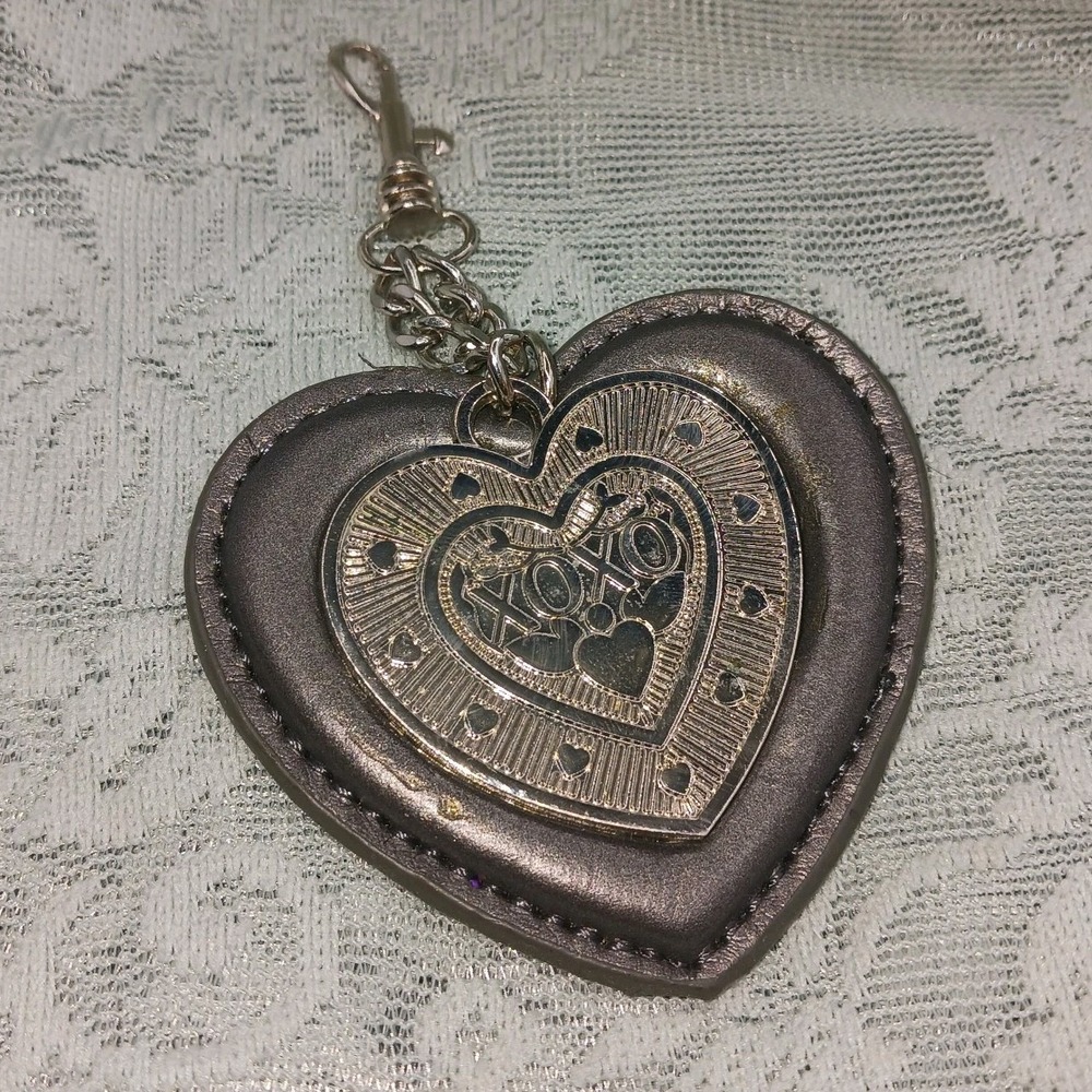 VINTAGE Y2K XOXO Double Cherry Metal Logo Black Leather heart Bag Charm Keychain